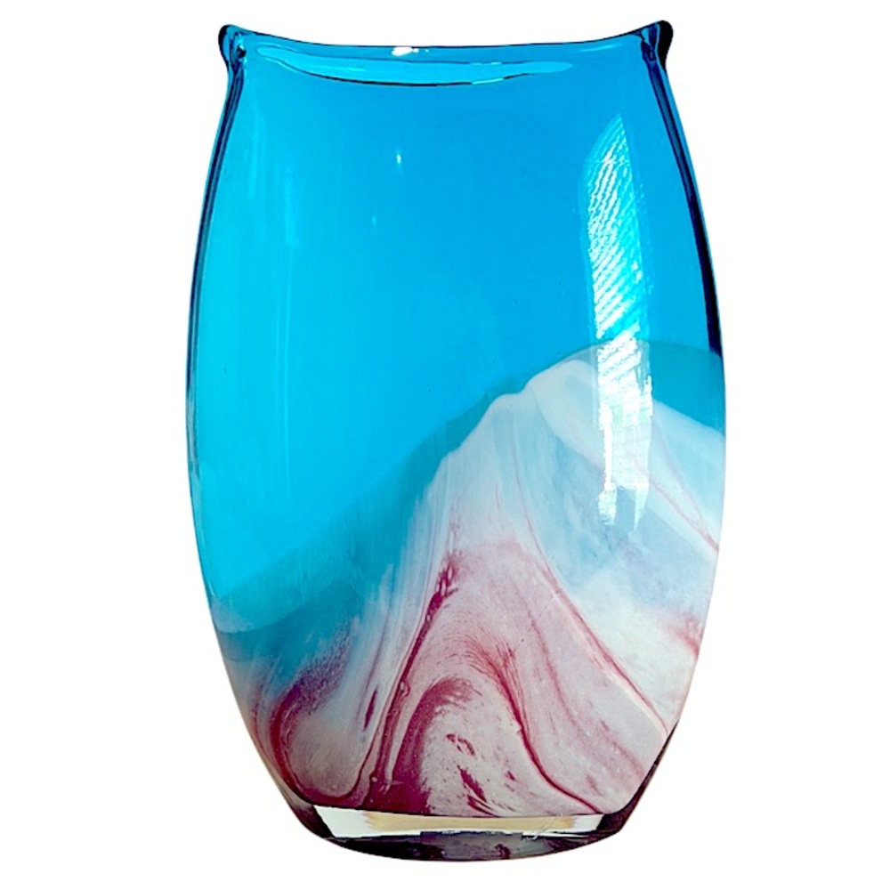 Sasaki Poland IDRA 11” Blue Crystal Handblown Vase 
Marbleized Swirls